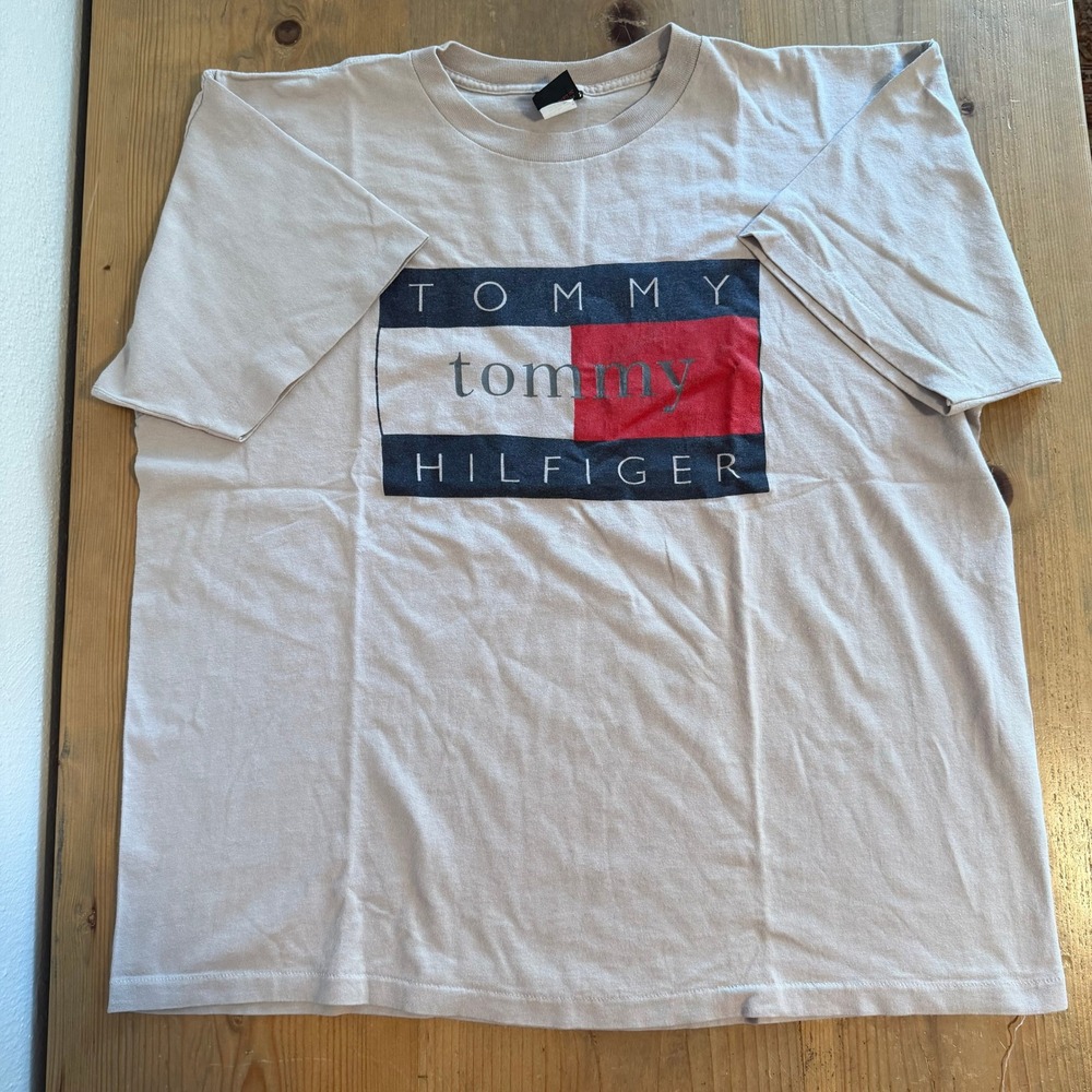 Vintage 90s Tommy Hilfiger Shirt Diamond Dust Single Stitch Tan XL USA